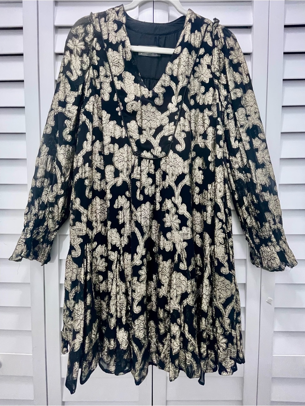 Anthropologie  Black and Metallic Gold Floral Long Sleeve Dress Size M
